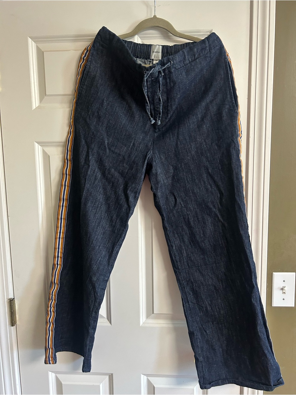 Maeve Dark Blue Relaxed Jeans with Mustard Trim